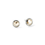 Elegant gold and silver stud earrings featuring a polished dome and textured frame.