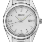 Modern stainless steel Seiko watch with minimalist design, white dial, and polished bracelet.