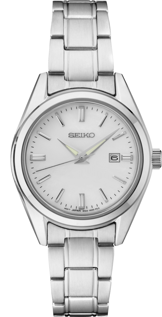 Modern stainless steel Seiko watch with minimalist design, white dial, and polished bracelet.