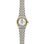 Luxurious Tudor watch with gold accents, mother-of-pearl dial, and elegant stainless steel bracelet.