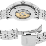 Elegant Seiko watch with stainless steel bracelet and transparent case back showcasing precision craftsmanship.