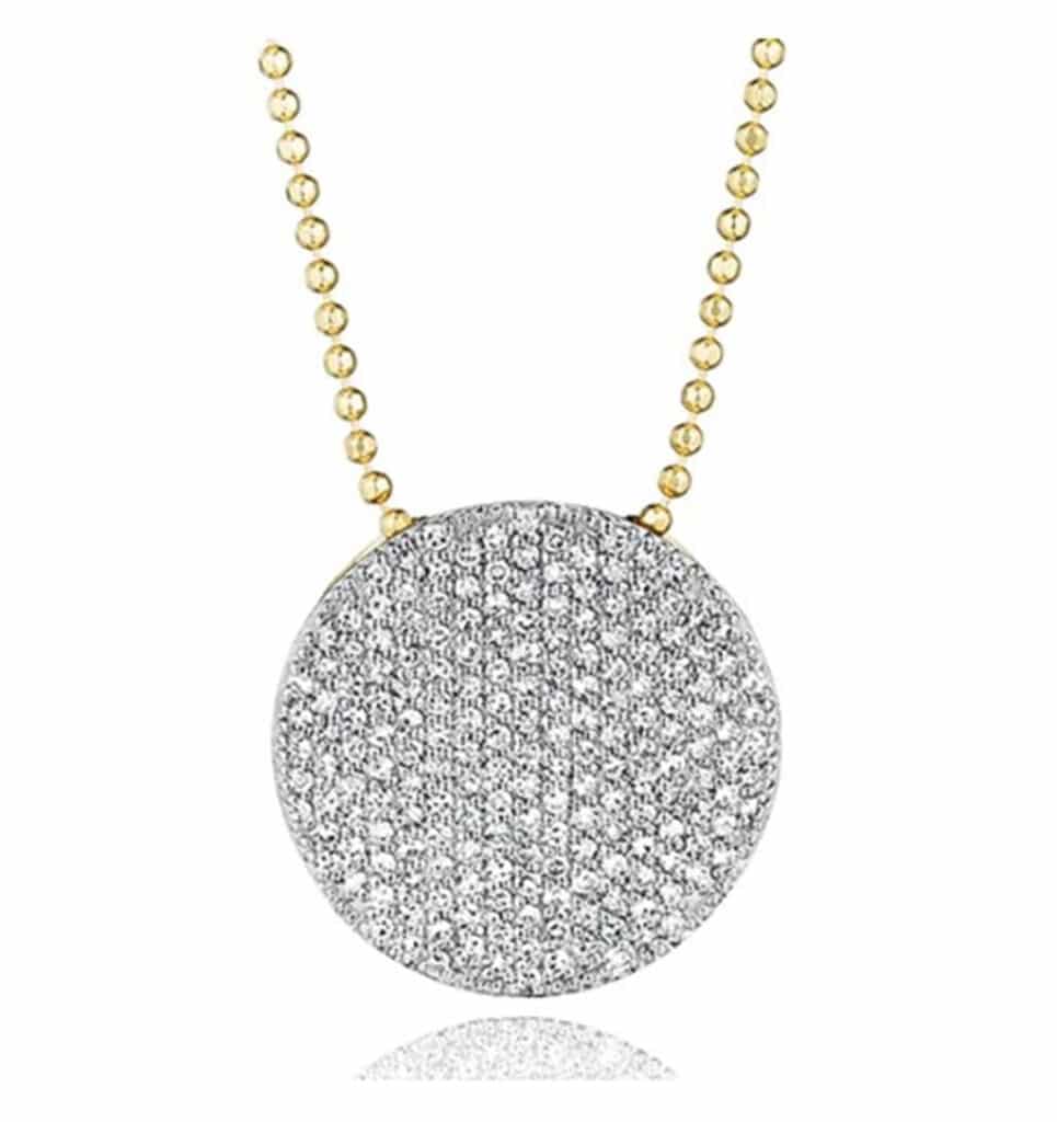 Elegant circular diamond pendant necklace with gold beaded chain, perfect for any occasion.