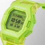 Vibrant neon green G-Shock watch with digital display, durable resin case, and multifunctional features.