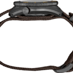 Stylish black watch with rugged brown braided strap and textured bezel, ideal for adventures.