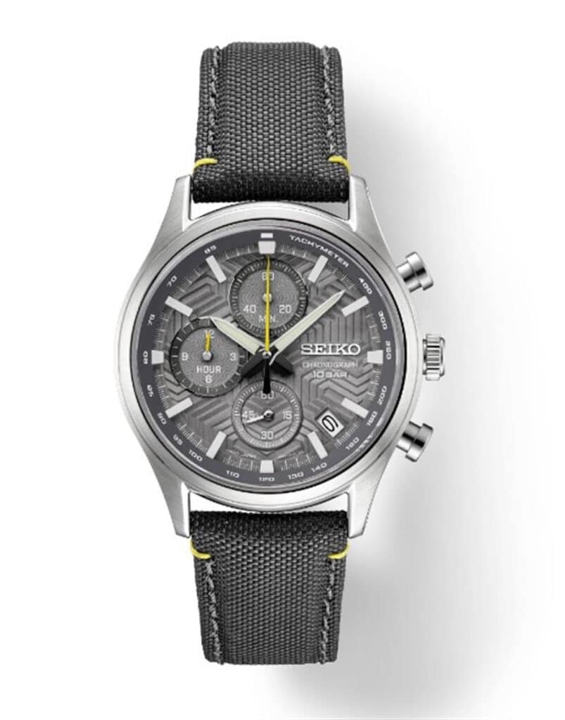 Sleek Seiko chronograph watch with gray dial, stainless steel case, and stylish fabric strap.