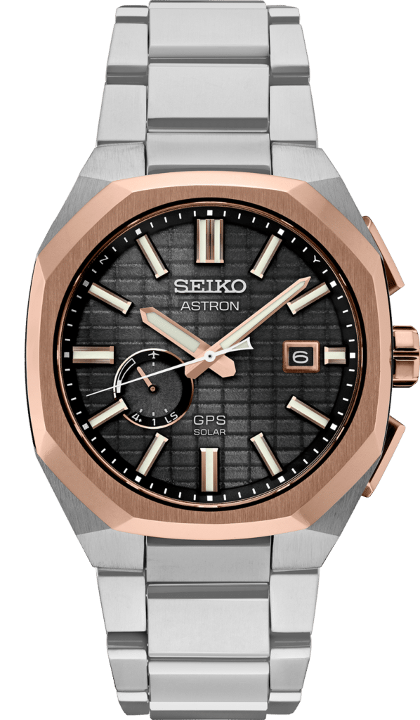 Elegant Seiko Astron GPS Solar watch with rose gold accents and black textured dial.