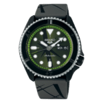 Stylish Seiko watch with green dial, matte black case, and durable silicone strap.
