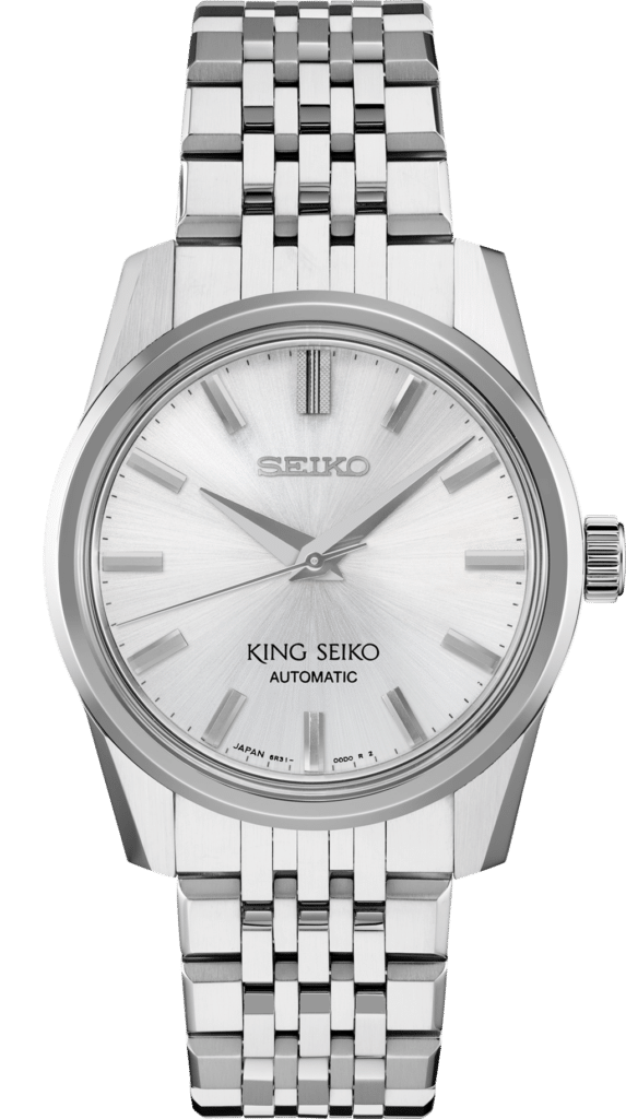 Elegant Seiko King Seiko watch in stainless steel with automatic movement and striking silver dial.