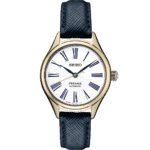 Elegant Seiko Presage automatic watch with gold-tone case, white dial, and navy leather strap.
