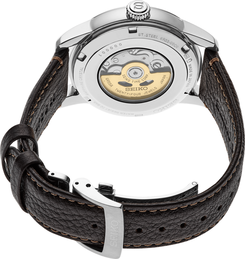 Elegant Seiko watch with stainless steel case, automatic movement, and stylish leather strap.