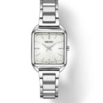Elegant Seiko square watch in stainless steel with textured white dial and sophisticated bracelet.