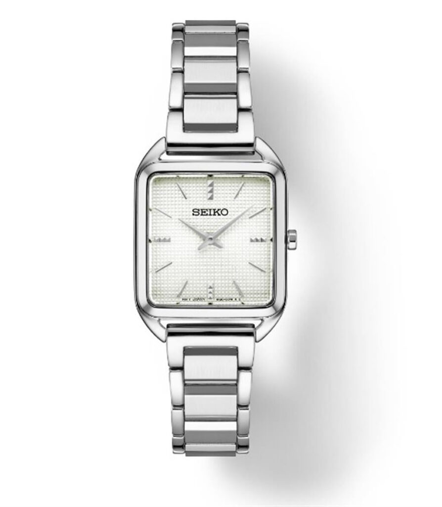 Elegant Seiko square watch in stainless steel with textured white dial and sophisticated bracelet.