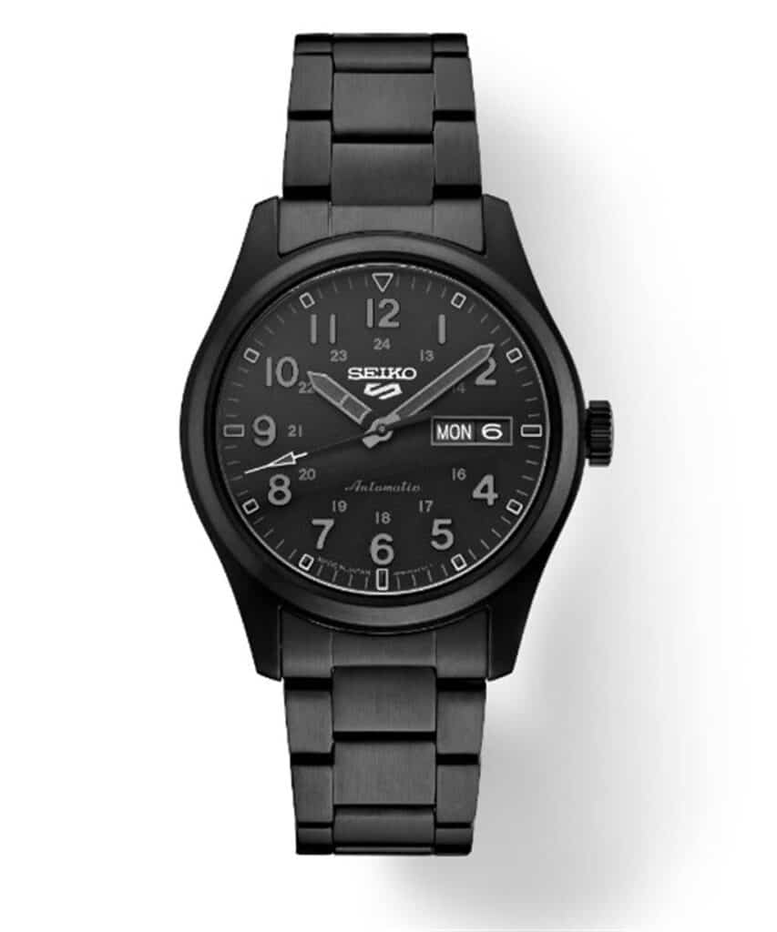 Sleek black Seiko automatic watch with stainless steel bracelet, minimalist dial, and day-date display.