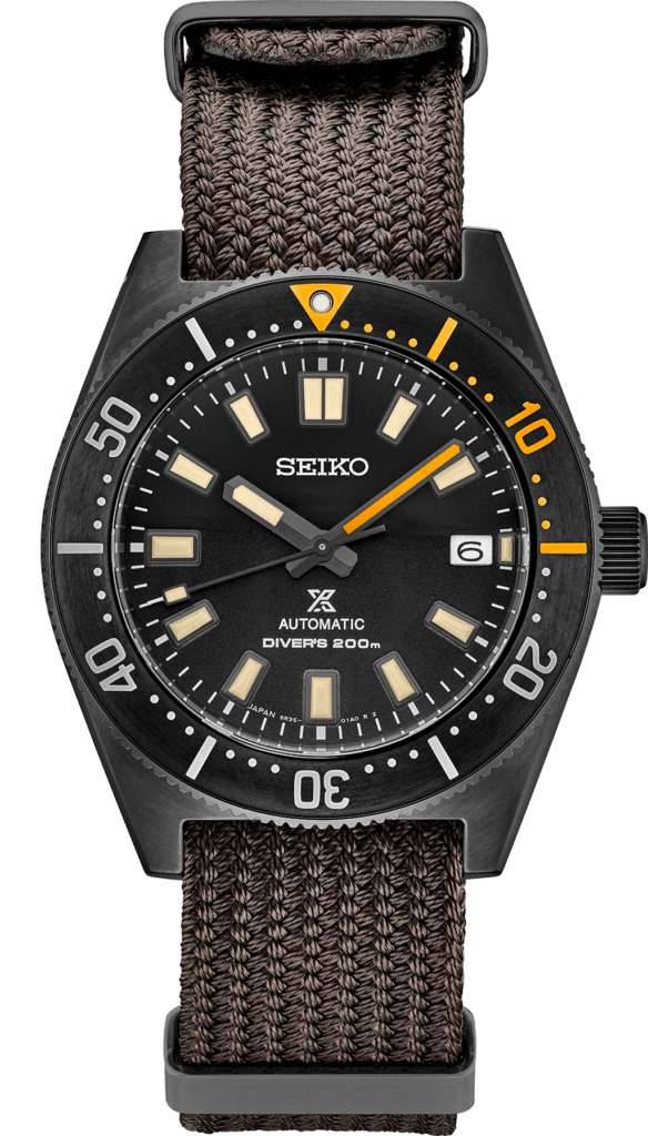Seiko diver’s watch with black dial, luminous markers, unidirectional bezel, and durable textile strap.