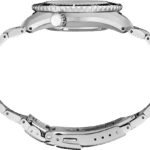 Sleek luxury wristwatch with polished metal case and intricate interlocking bracelet design.
