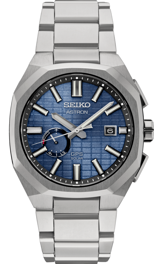 Stylish Seiko Astron GPS Solar watch with blue dial and stainless steel octagonal case.