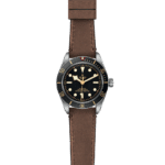 Tudor stainless steel watch with black dial and brown leather strap, blending luxury and functionality.
