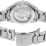Elegant stainless steel Seiko wristwatch with transparent case back and intricate movement detail.