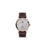 Elegant Tudor watch with silver dial, rose gold accents, and luxurious brown leather strap.