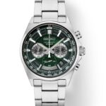 Elegant Seiko chronograph watch with green dial and stainless steel case and bracelet.