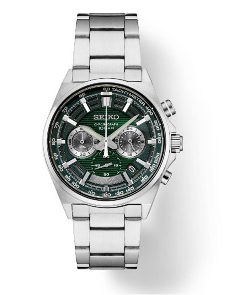 Elegant Seiko chronograph watch with green dial and stainless steel case and bracelet.