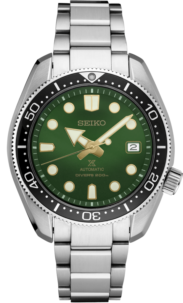 Seiko divers watch with green dial, stainless steel case, and unidirectional rotating bezel.
