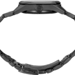 Sleek black stainless steel wristwatch with a modern design and minimalist face.