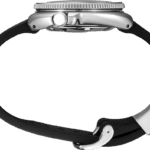 Sleek stainless steel watch with black silicone strap, perfect for casual and formal wear.