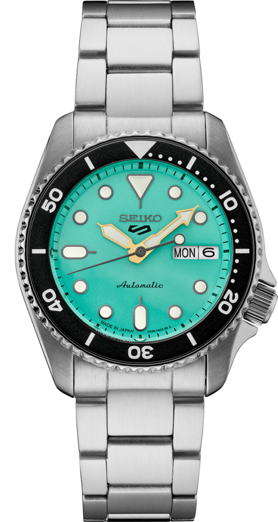 Vibrant Seiko automatic watch with turquoise dial and black rotating bezel, perfect for any occasion.