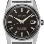 Elegant Seiko King Seiko watch with automatic movement, black dial, and stainless steel bracelet.