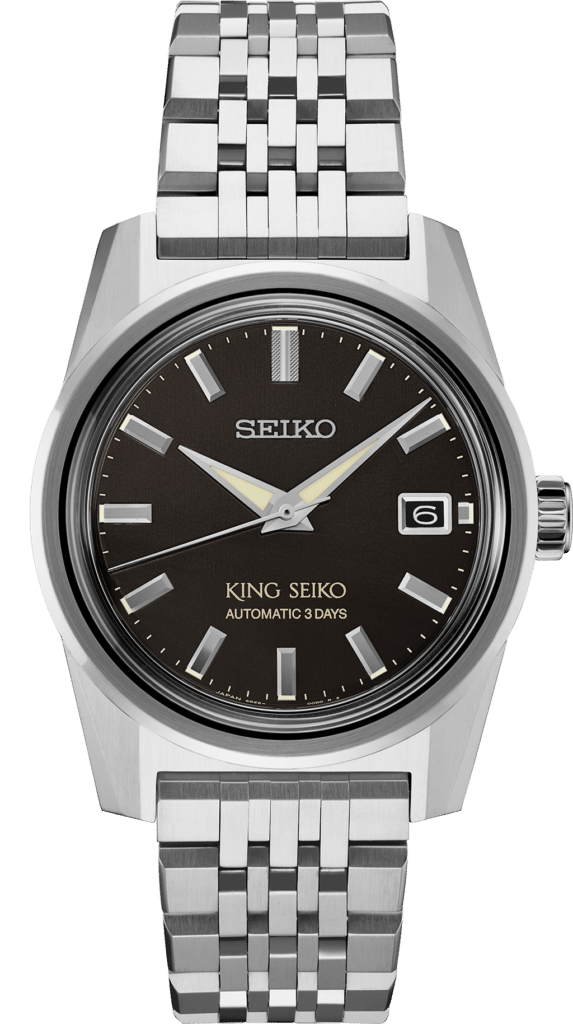 Elegant Seiko King Seiko watch with automatic movement, black dial, and stainless steel bracelet.