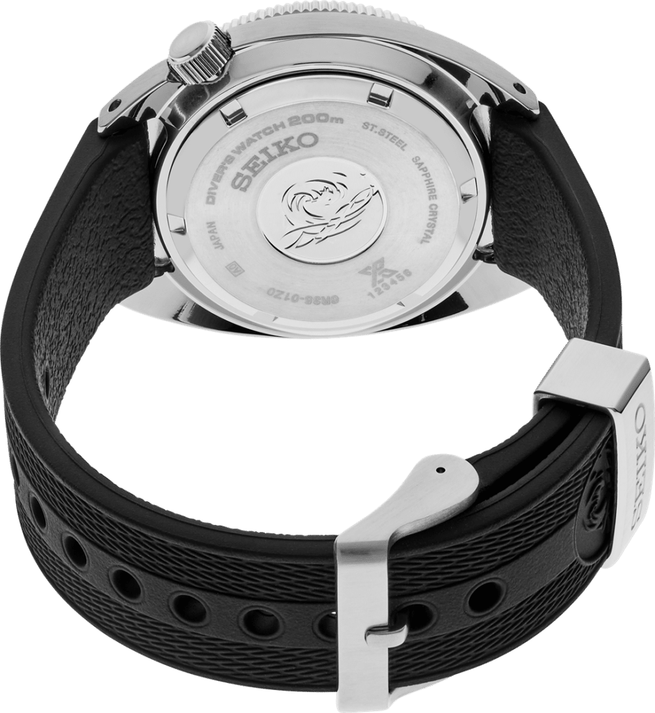Seiko dive watch featuring stainless steel casing, sapphire crystal, and durable rubber strap.