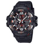 Durable G-Shock watch by Casio features a black design with orange accents and advanced functionalities.