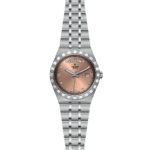 Elegant Tudor watch in stainless steel with diamond markers, copper dial, and integrated bracelet.