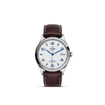 Elegant Tudor watch with white dial, blue accents, and brown leather strap. Timeless luxury piece.