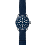 Tudor diving watch features a blue dial, stainless steel case, and luxurious leather strap.