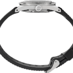 Seiko dive watch featuring a polished stainless steel case and comfortable rubber strap.
