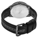 Stylish Seiko stainless steel wristwatch with black fabric strap and detailed engravings.
