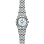 Tudor luxury watch with mother-of-pearl dial, stainless steel case, and diamond hour markers.
