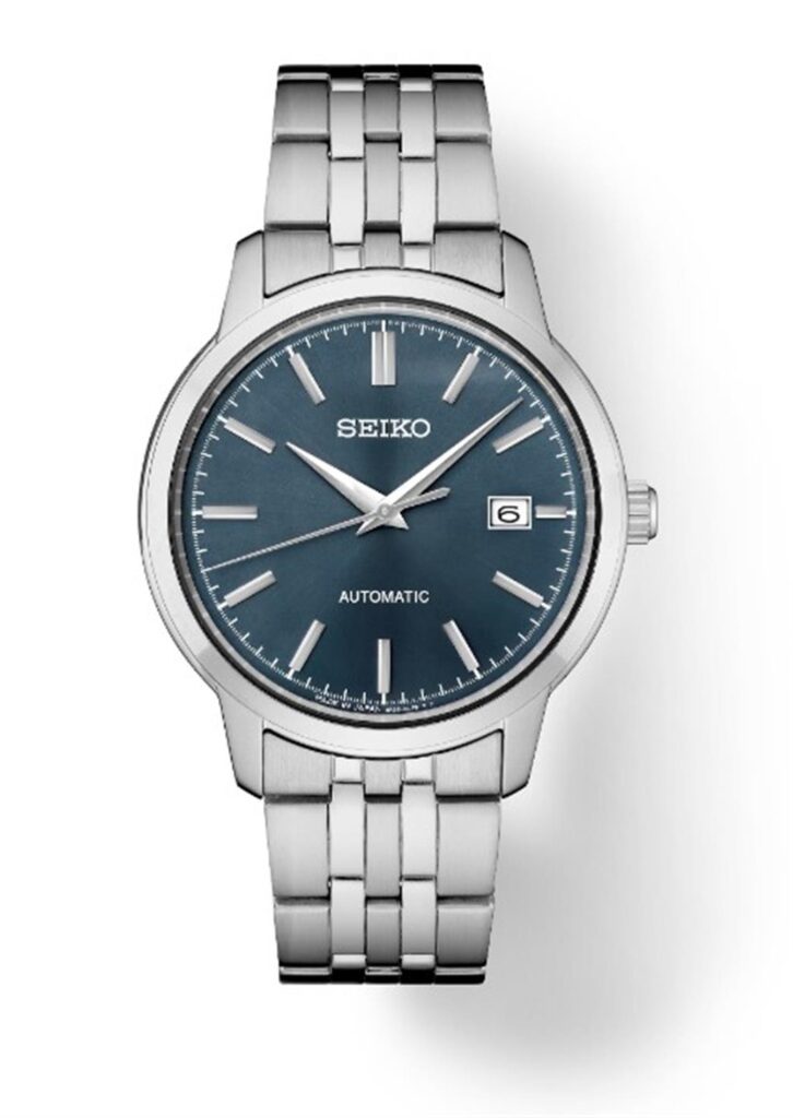 Elegant Seiko automatic watch with a deep blue dial and stainless steel link bracelet.