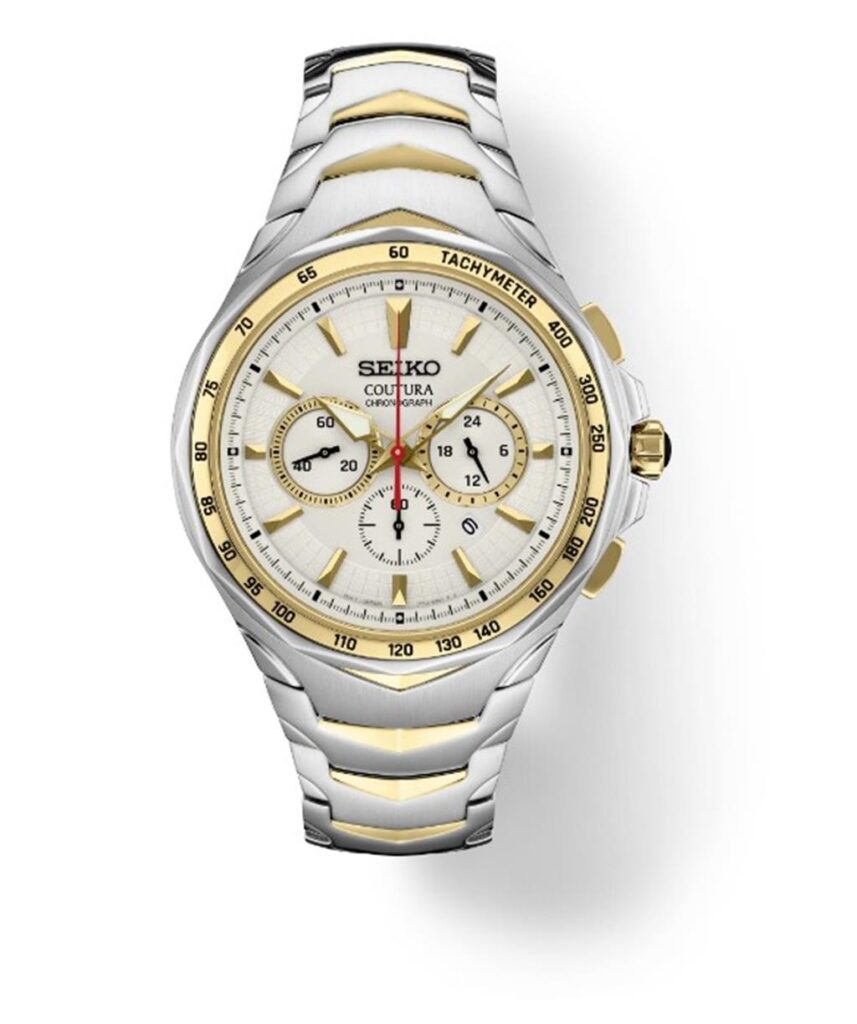 Elegant Seiko Coutura watch with gold accents and cream dial, perfect for any occasion.