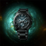 Seiko Astron watch against a cosmic backdrop of vibrant colors represents precision and modern technology.