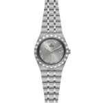 Elegant Tudor watch with stainless steel case, silver sunburst dial, and modern bracelet design.