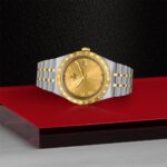 Luxurious Tudor watch with gold and stainless steel design, featuring Roman numerals and date window.