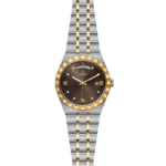 Luxury wristwatch with gold and stainless steel, featuring a brown dial and diamond markers.