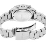 Sleek silver Seiko watch with stainless steel strap and chronograph features, perfect for any occasion.