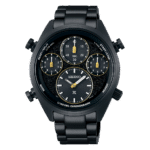 Sleek Seiko black chronograph watch with sporty design and advanced timing features.
