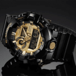 Durable Casio G-Shock watch in sleek black with luxurious gold accents and versatile display features.