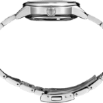 Sleek stainless steel wristwatch with polished finish and elegant interlocking bracelet design.