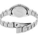Seiko watch back, polished stainless steel, sapphire crystal, water-resistant, elegant bracelet design.
